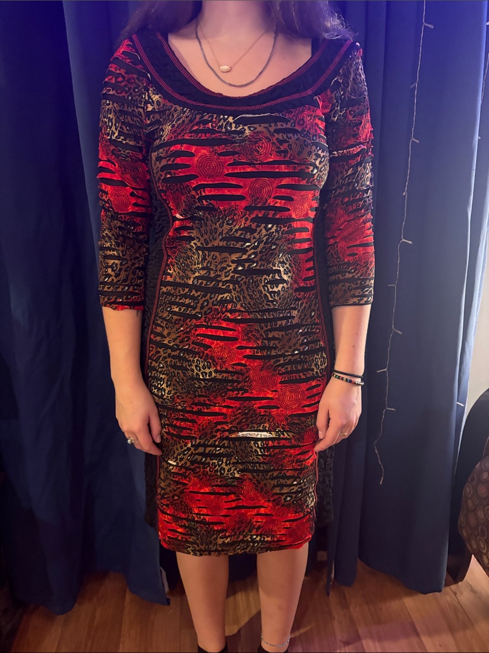Red Patterned 3/4 Sleeve Women’s Dress